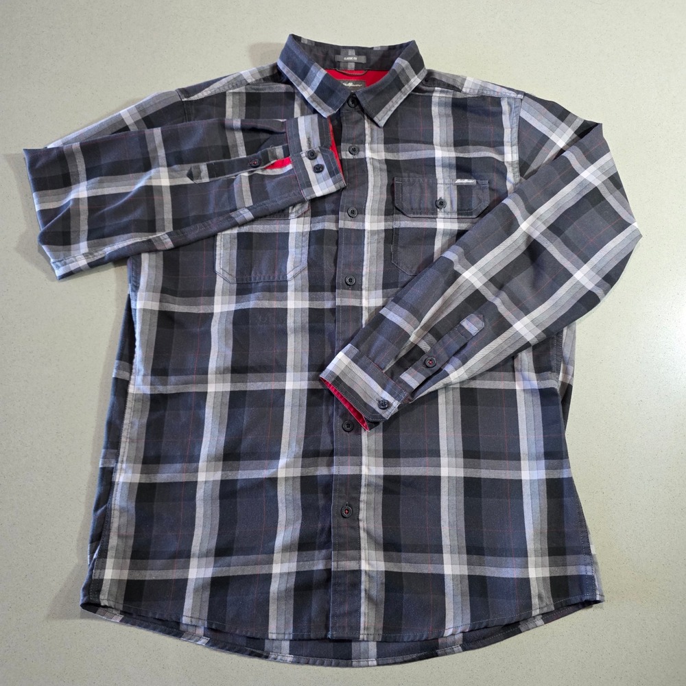 Eddie Bauer Mens Classic Fit Plaid Button Down Shirt Grey White Red Large